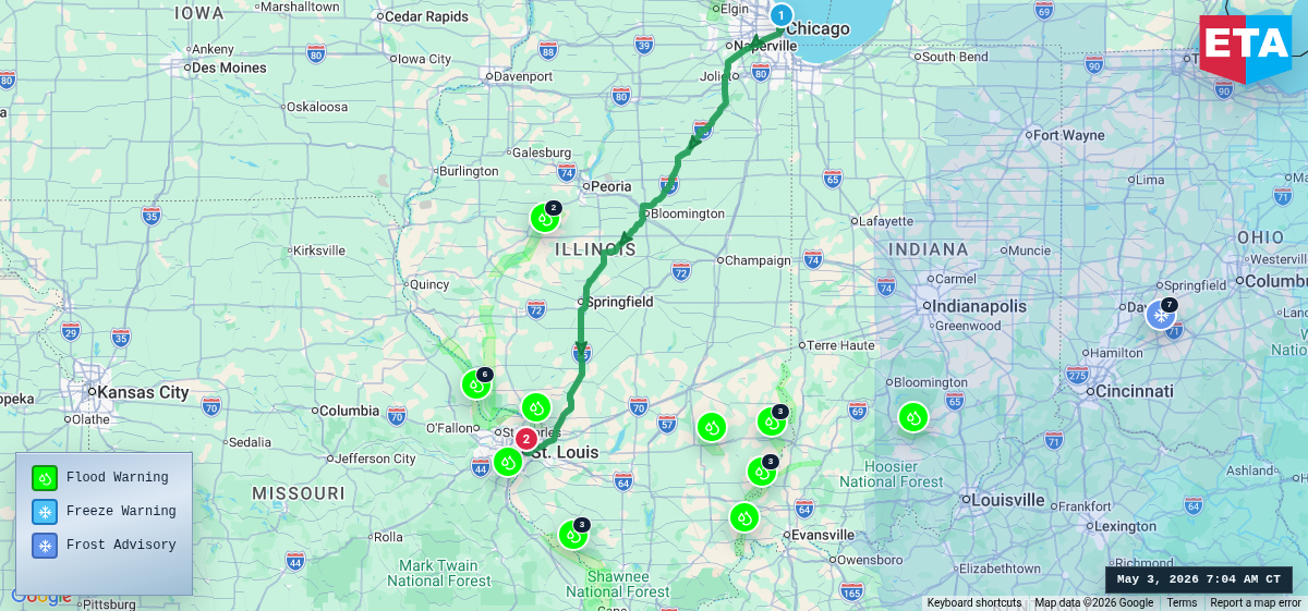 Route map for Chicago, IL → St. Louis, MO