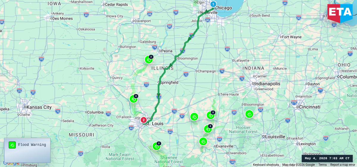 Route map for Chicago, IL → St. Louis, MO