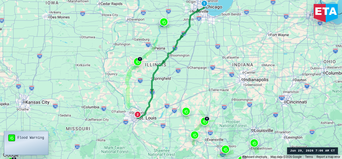 Route map for Chicago, IL → St. Louis, MO