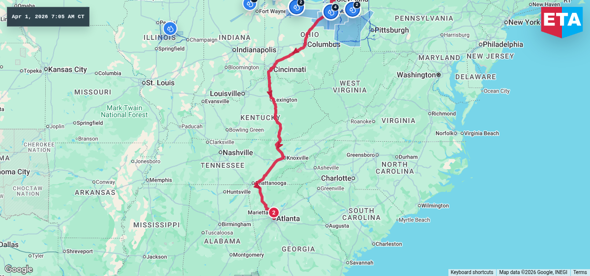 Route map for Cleveland, OH → Atlanta, GA