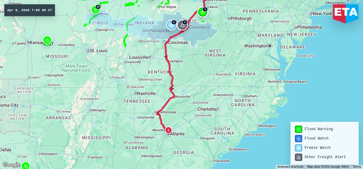 Route map for Cleveland, OH → Atlanta, GA