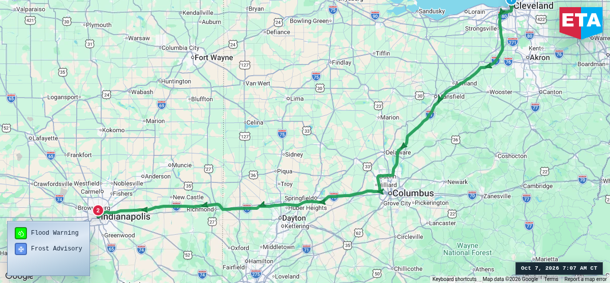 Route map for Cleveland, OH → Indianapolis, IN