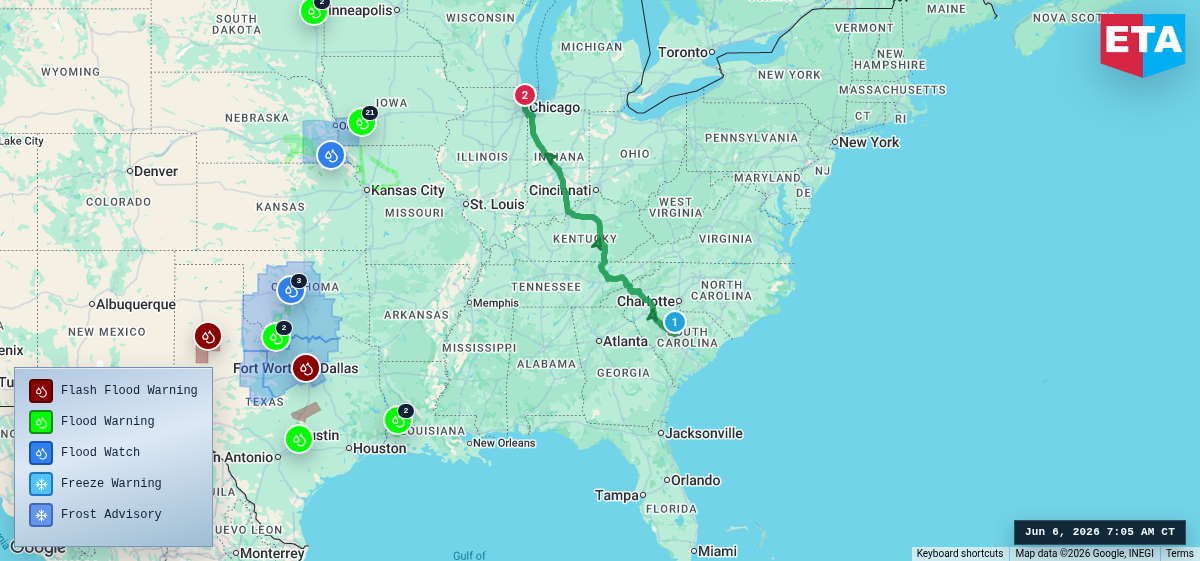 Route map for Columbia, SC → Chicago, IL