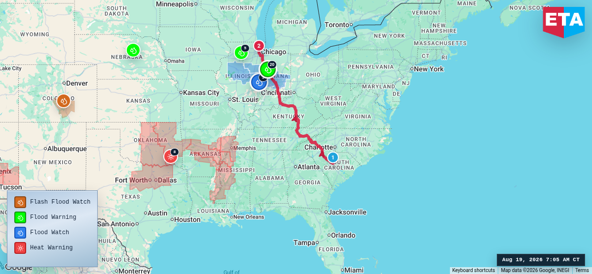 Route map for Columbia, SC → Chicago, IL