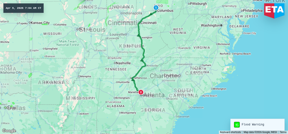 Route map for Columbus, OH → Atlanta, GA