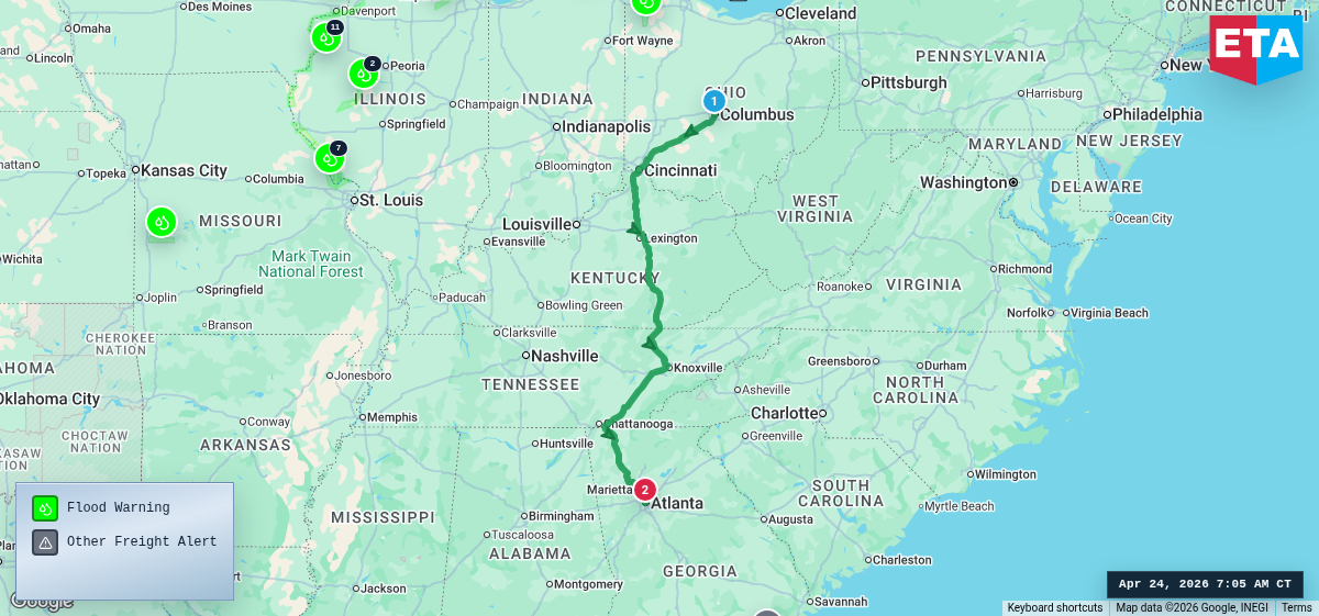 Route map for Columbus, OH → Atlanta, GA