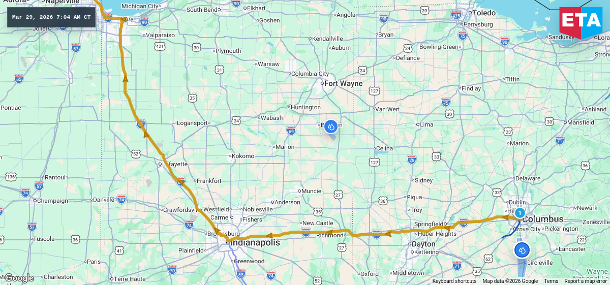 Route map for Columbus, OH → Chicago, IL
