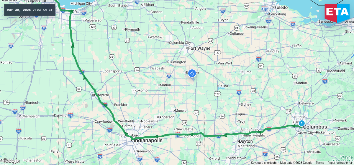 Route map for Columbus, OH → Chicago, IL