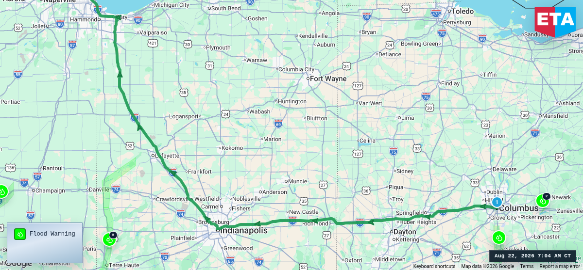 Route map for Columbus, OH → Chicago, IL