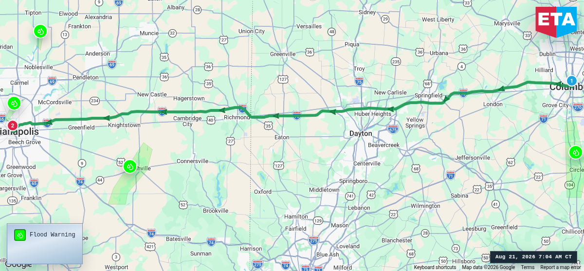 Route map for Columbus, OH → Indianapolis, IN