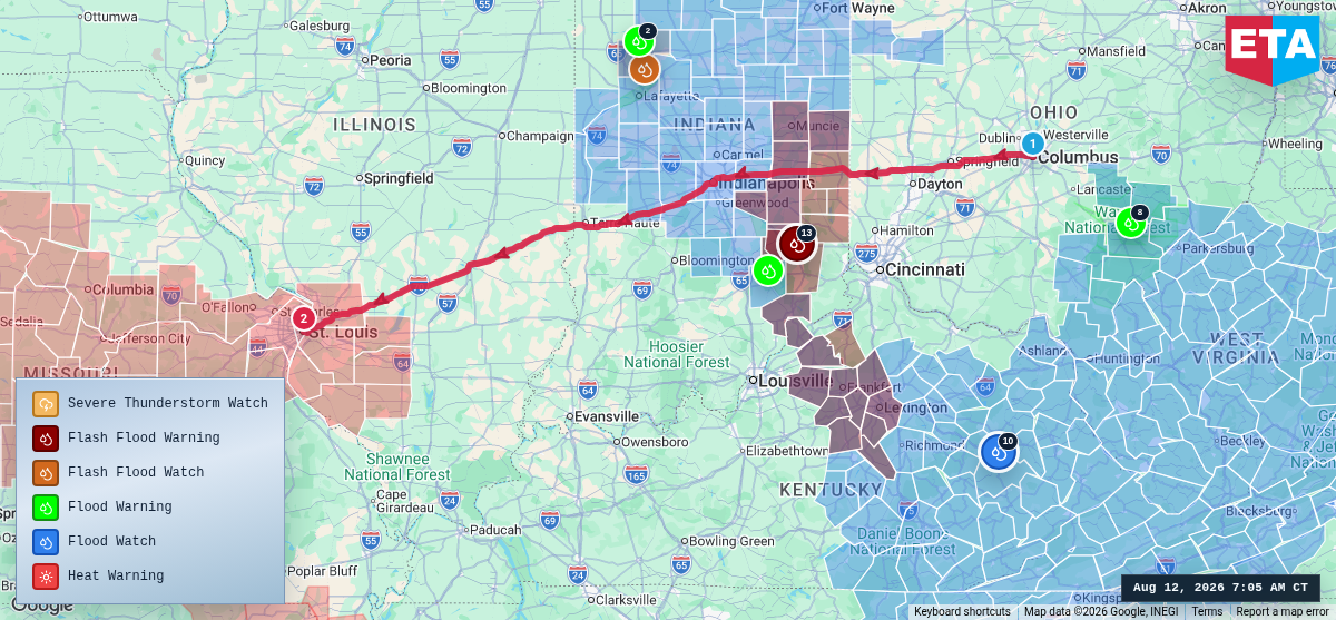 Route map for Columbus, OH → St. Louis, MO