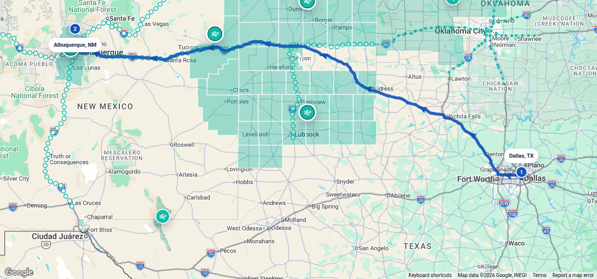 Route map for Dallas, TX → Albuquerque, NM