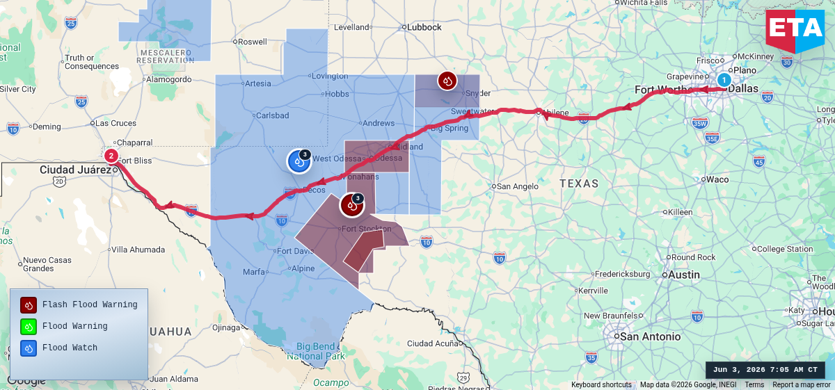 Route map for Dallas, TX → El Paso, TX