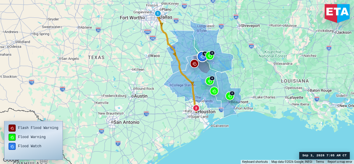 Route map for Dallas, TX → Houston, TX