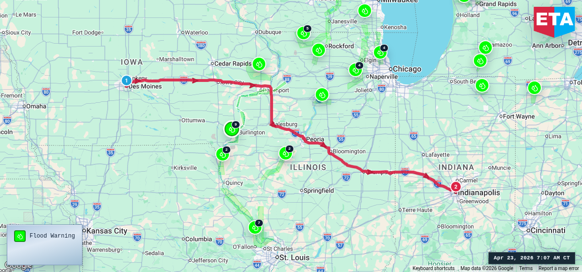 Route map for Des Moines, IA → Indianapolis, IN