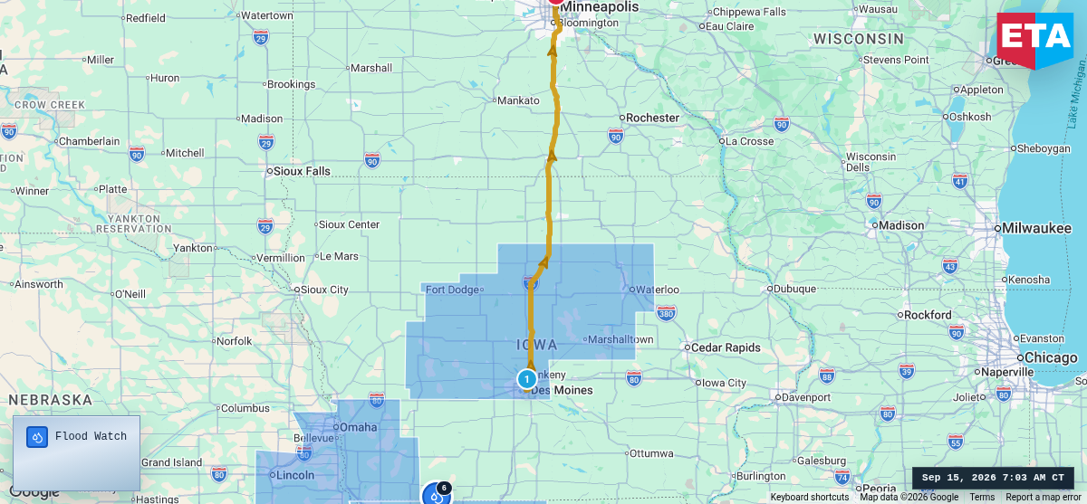 Route map for Des Moines, IA → Minneapolis, MN