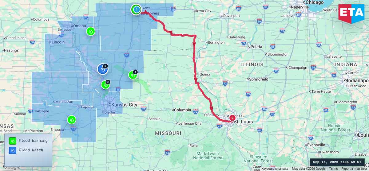 Route map for Des Moines, IA → St. Louis, MO