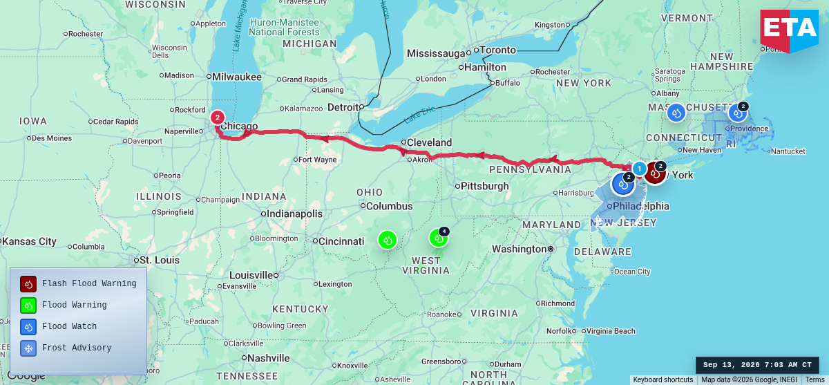 Route map for Elizabeth, NJ → Chicago, IL
