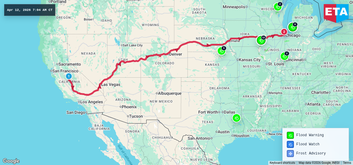 Route map for Fresno, CA → Chicago, IL