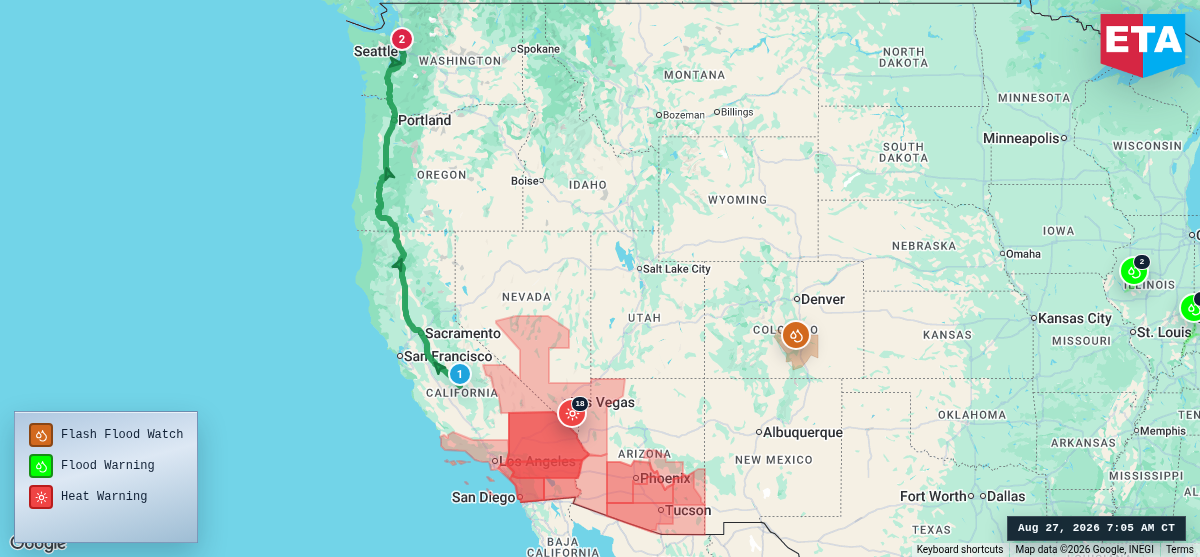 Route map for Fresno, CA → Seattle, WA