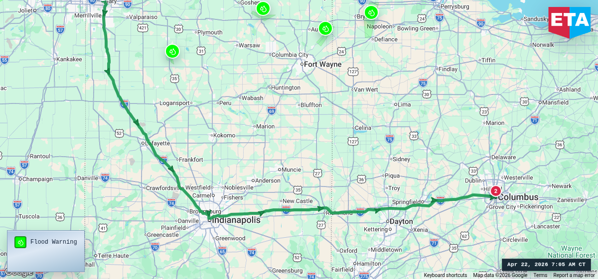 Route map for Gary, IN → Columbus, OH