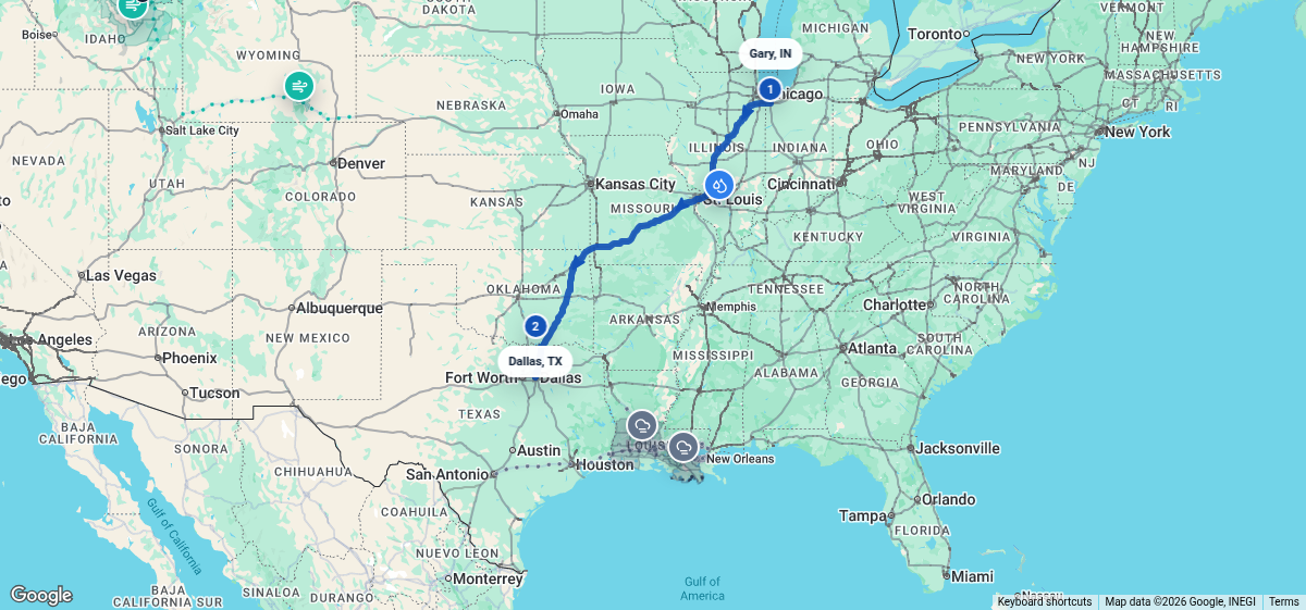 Route map for Gary, IN → Dallas, TX