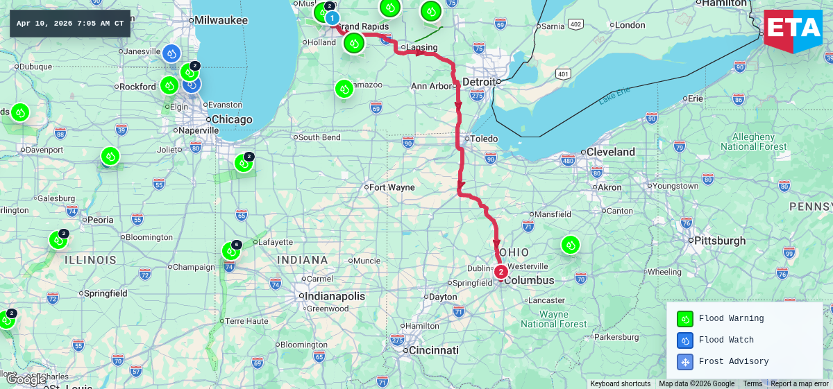 Route map for Grand Rapids, MI → Columbus, OH