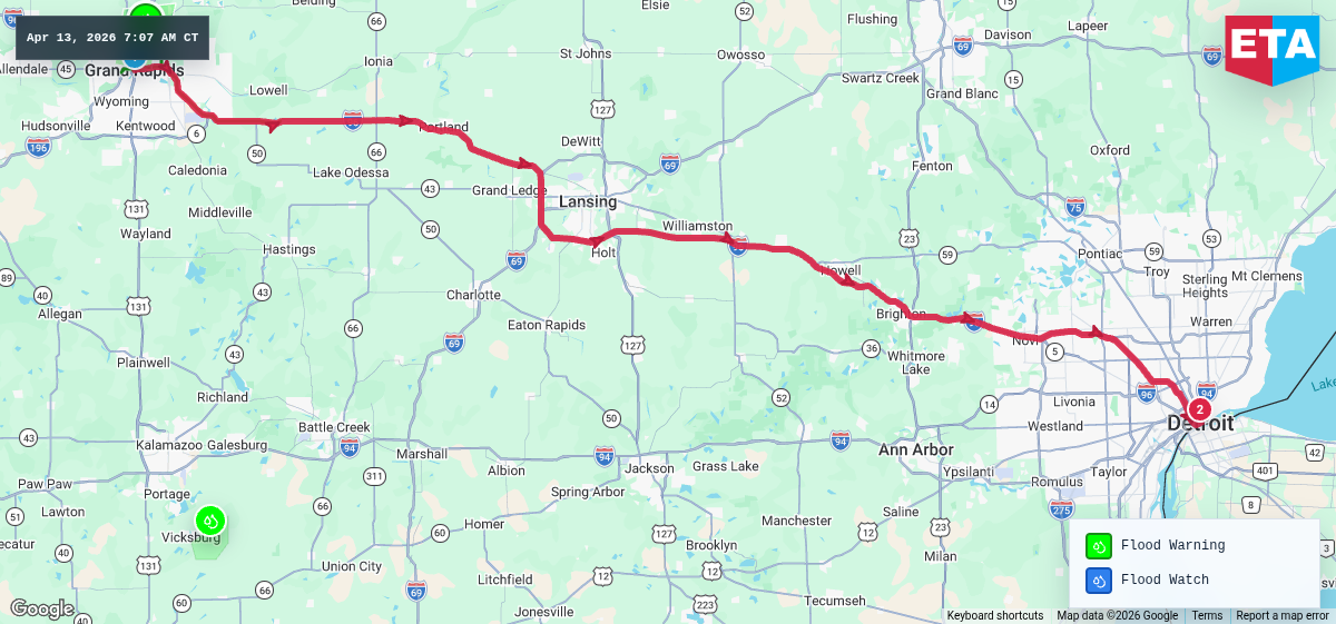 Route map for Grand Rapids, MI → Detroit, MI
