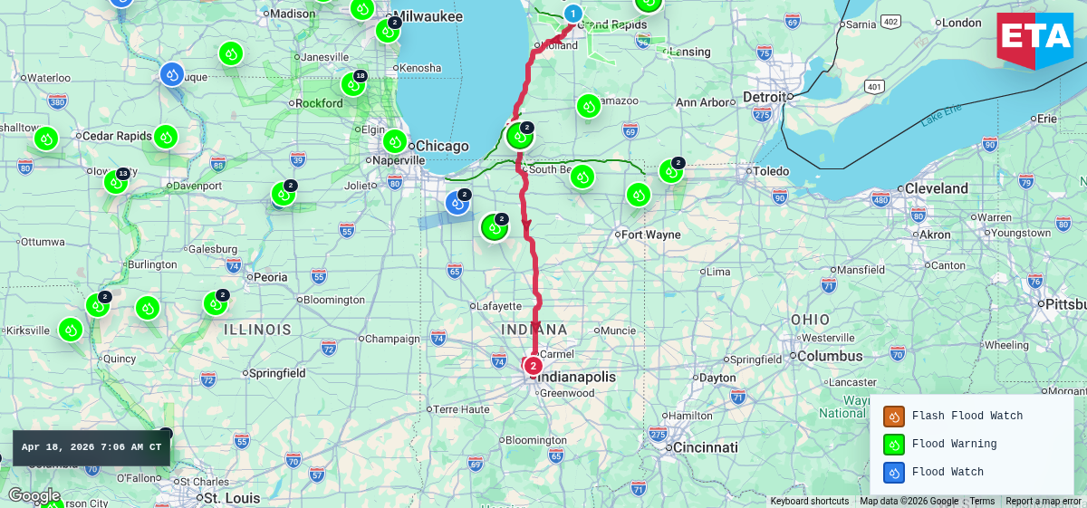 Route map for Grand Rapids, MI → Indianapolis, IN