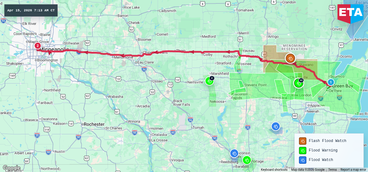 Route map for Green Bay, WI → Minneapolis, MN