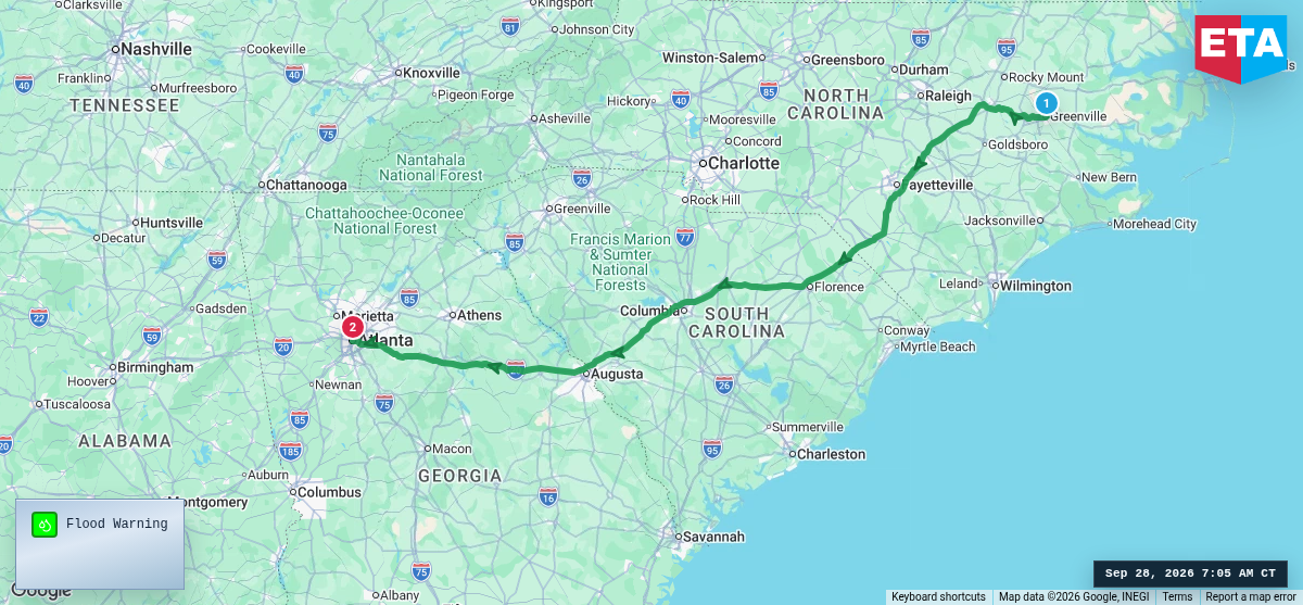 Route map for Greenville, NC → Atlanta, GA