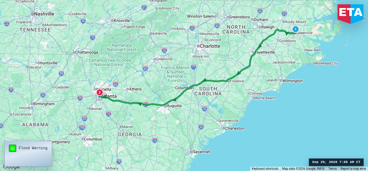 Route map for Greenville, NC → Atlanta, GA