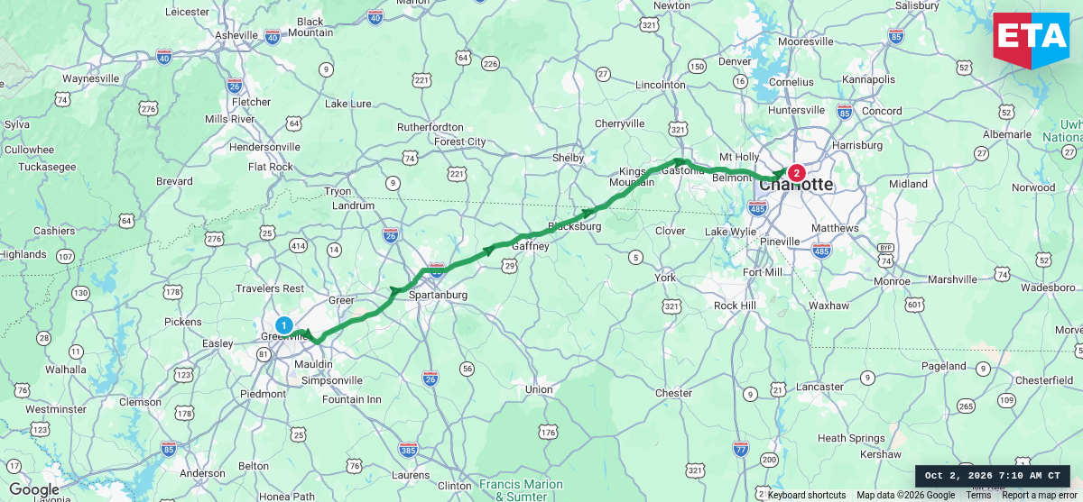 Route map for Greenville, SC → Charlotte, NC