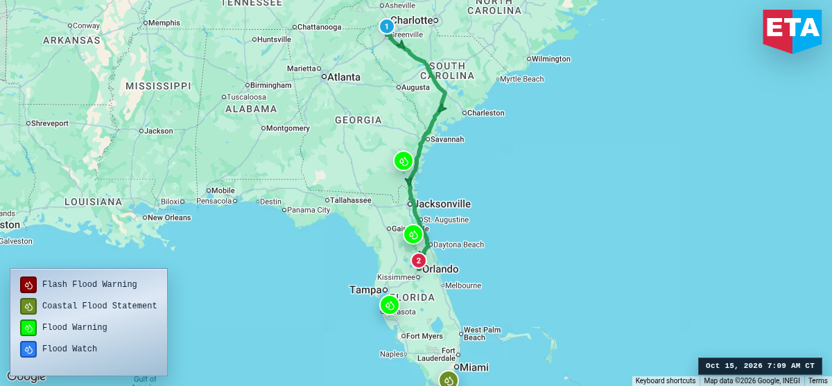 Route map for Greenville, SC → Orlando, FL