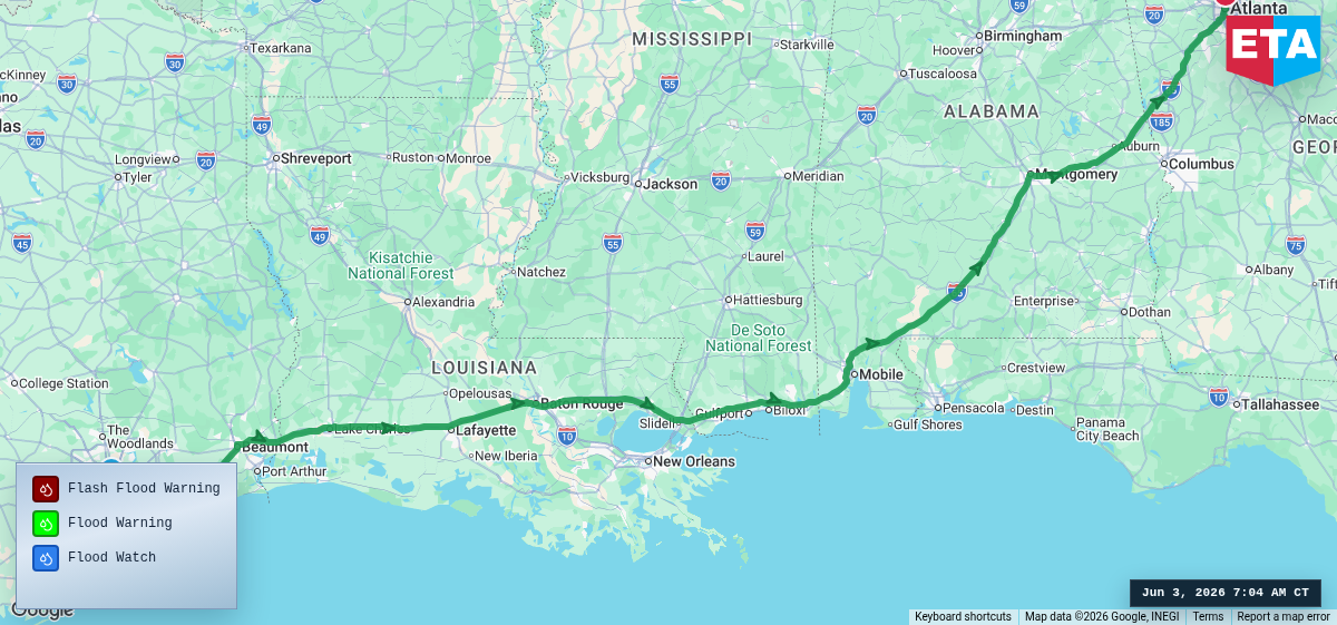 Route map for Houston, TX → Atlanta, GA
