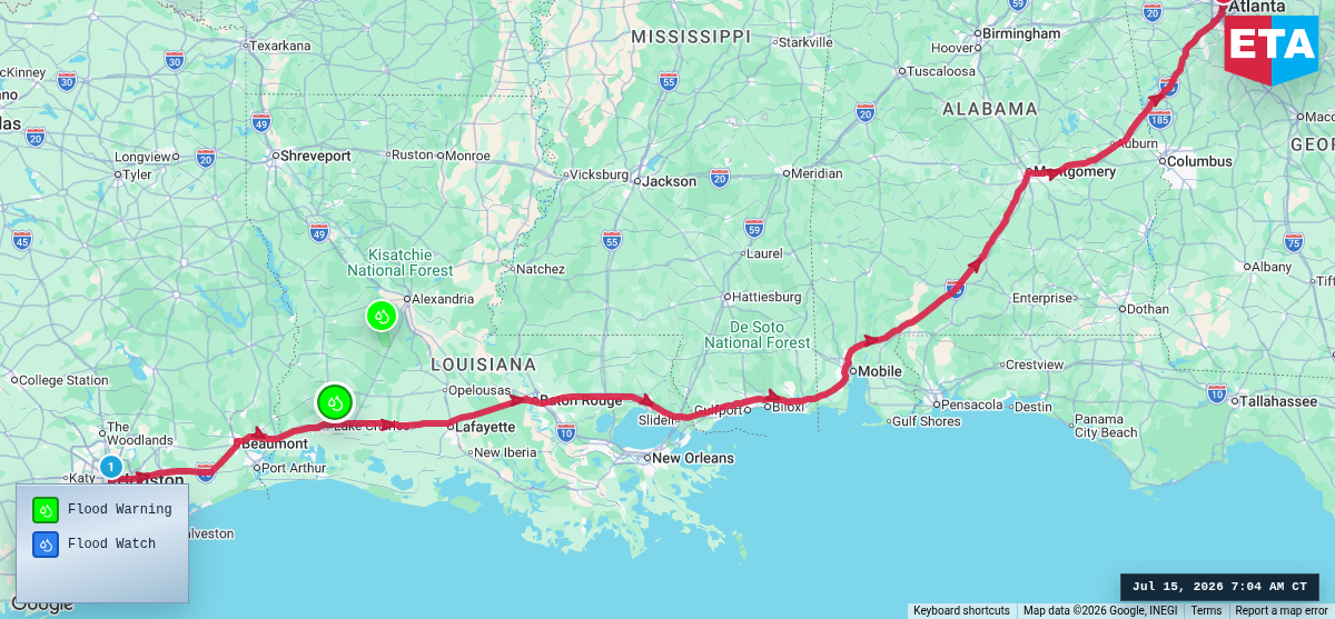 Route map for Houston, TX → Atlanta, GA