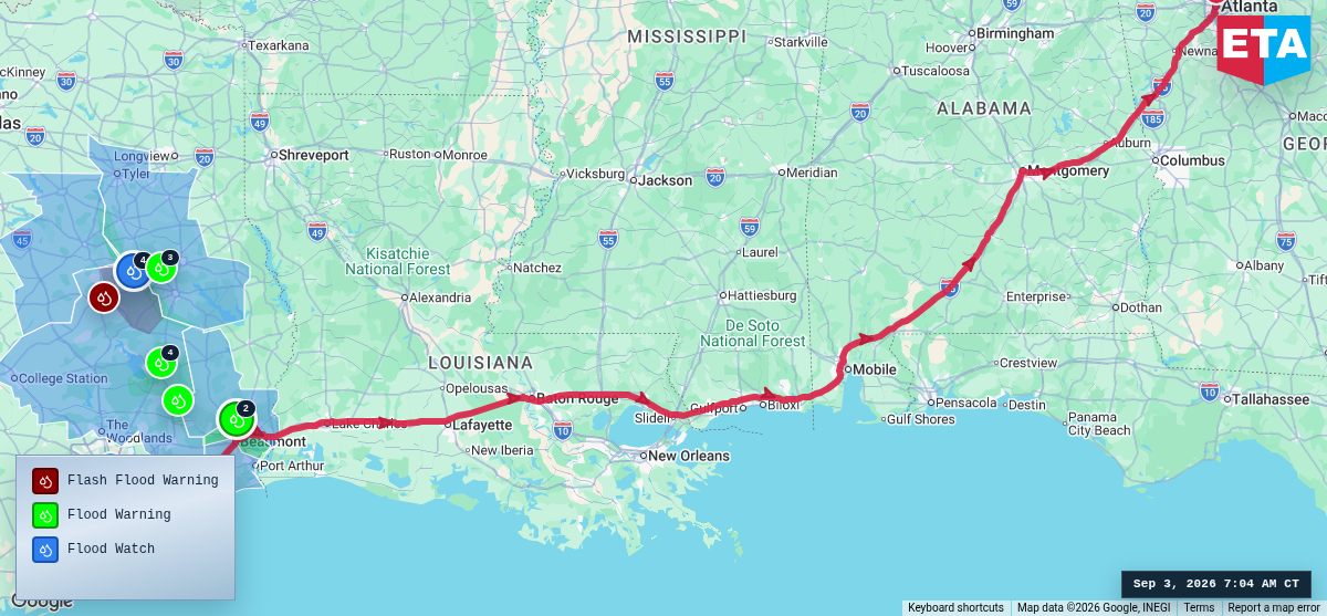 Route map for Houston, TX → Atlanta, GA
