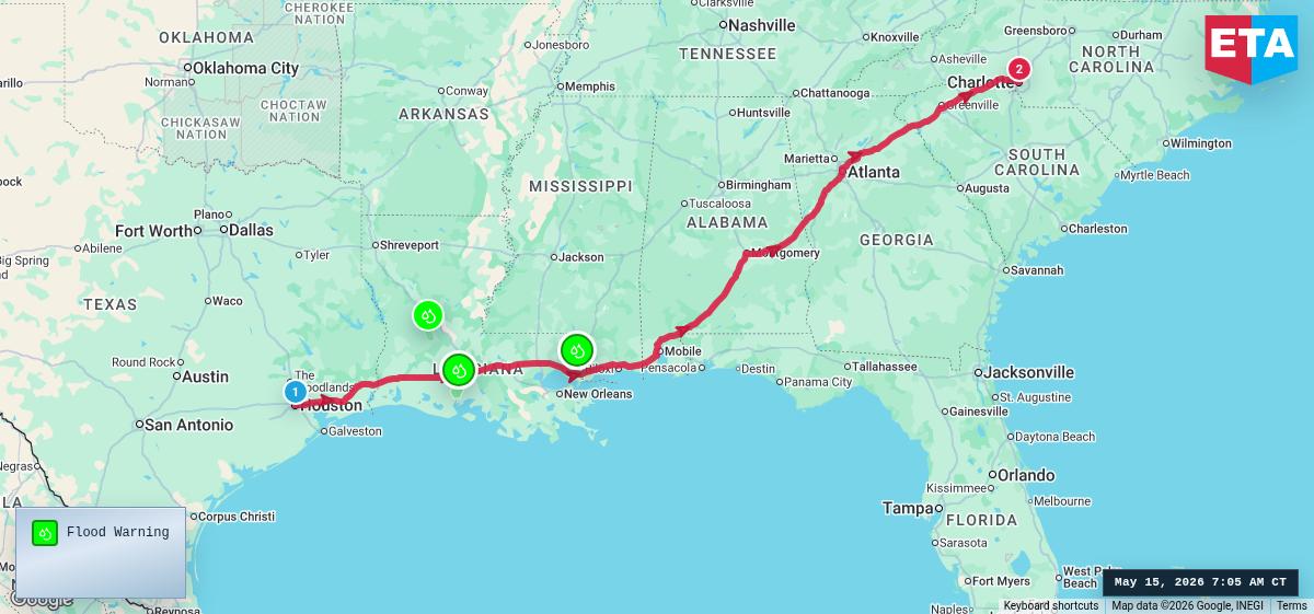 Route map for Houston, TX → Charlotte, NC