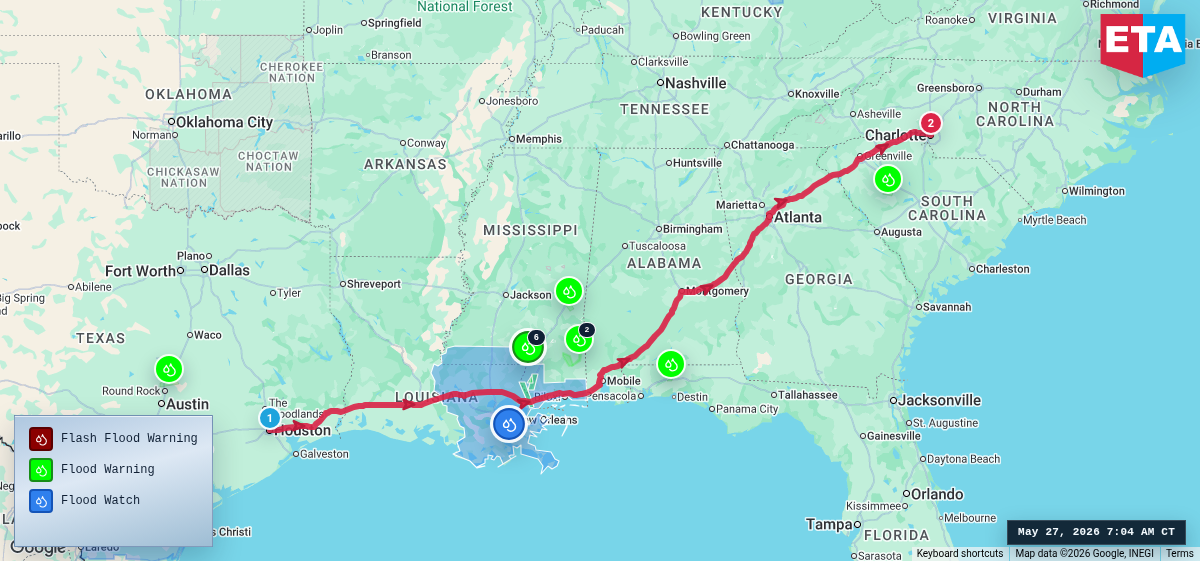Route map for Houston, TX → Charlotte, NC