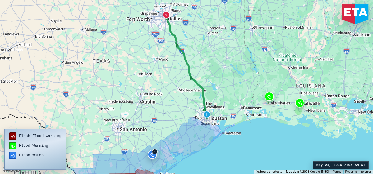 Route map for Houston, TX → Dallas, TX