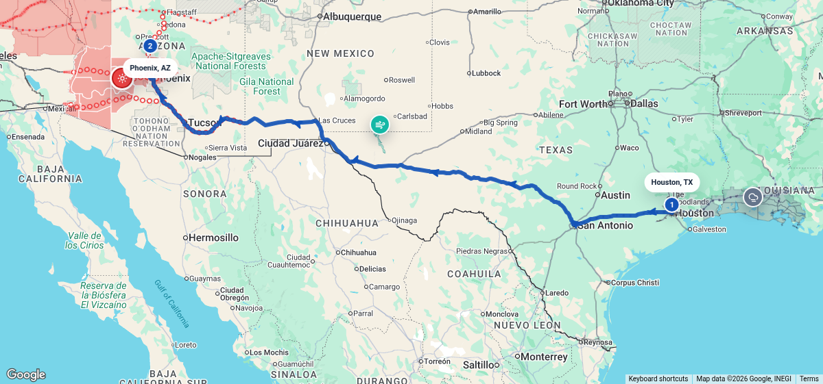 Route map for Houston, TX → Phoenix, AZ