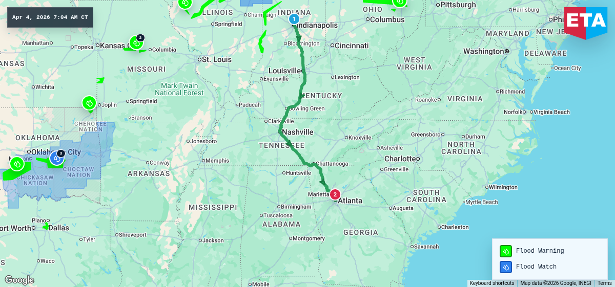 Route map for Indianapolis, IN → Atlanta, GA