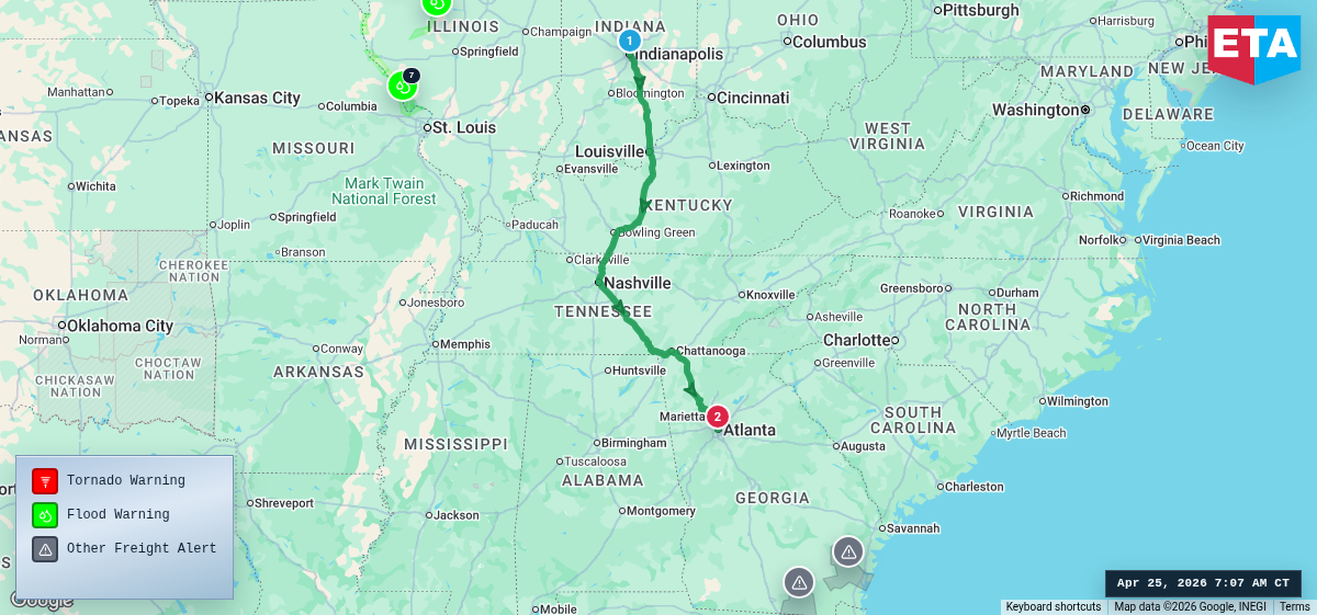 Route map for Indianapolis, IN → Atlanta, GA