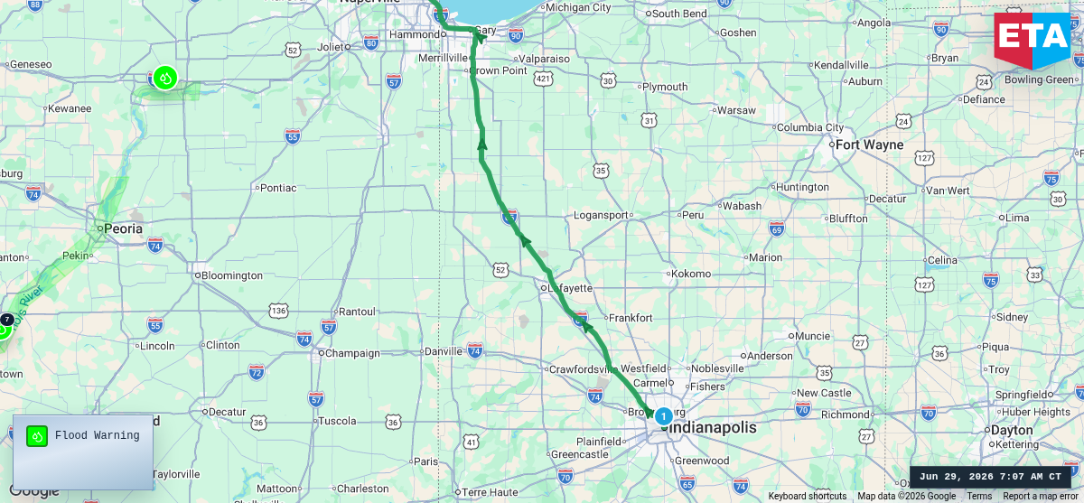 Route map for Indianapolis, IN → Chicago, IL