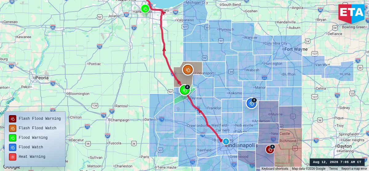Route map for Indianapolis, IN → Chicago, IL