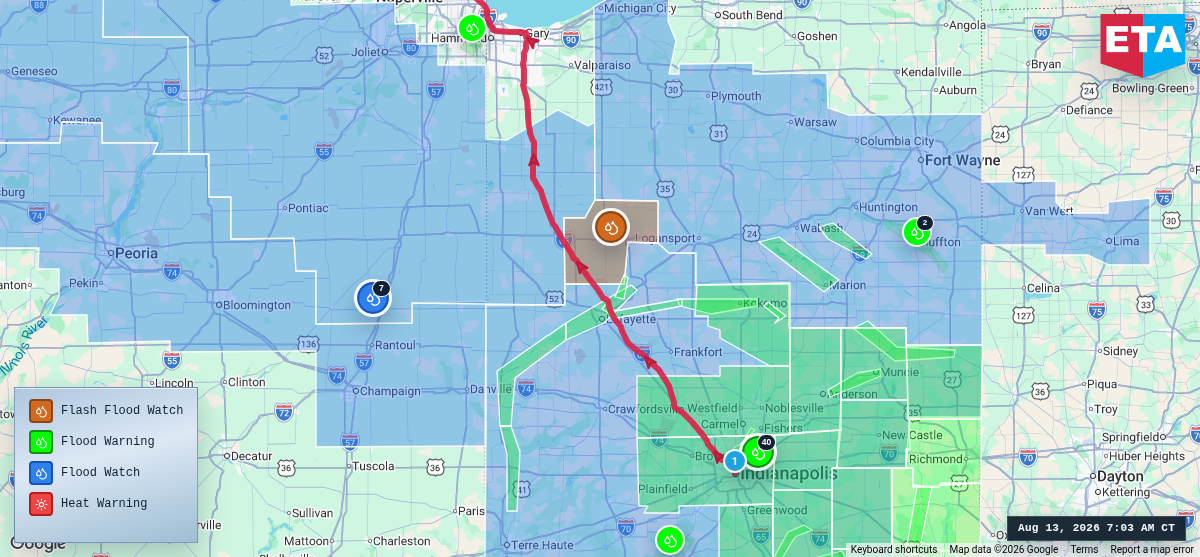 Route map for Indianapolis, IN → Chicago, IL