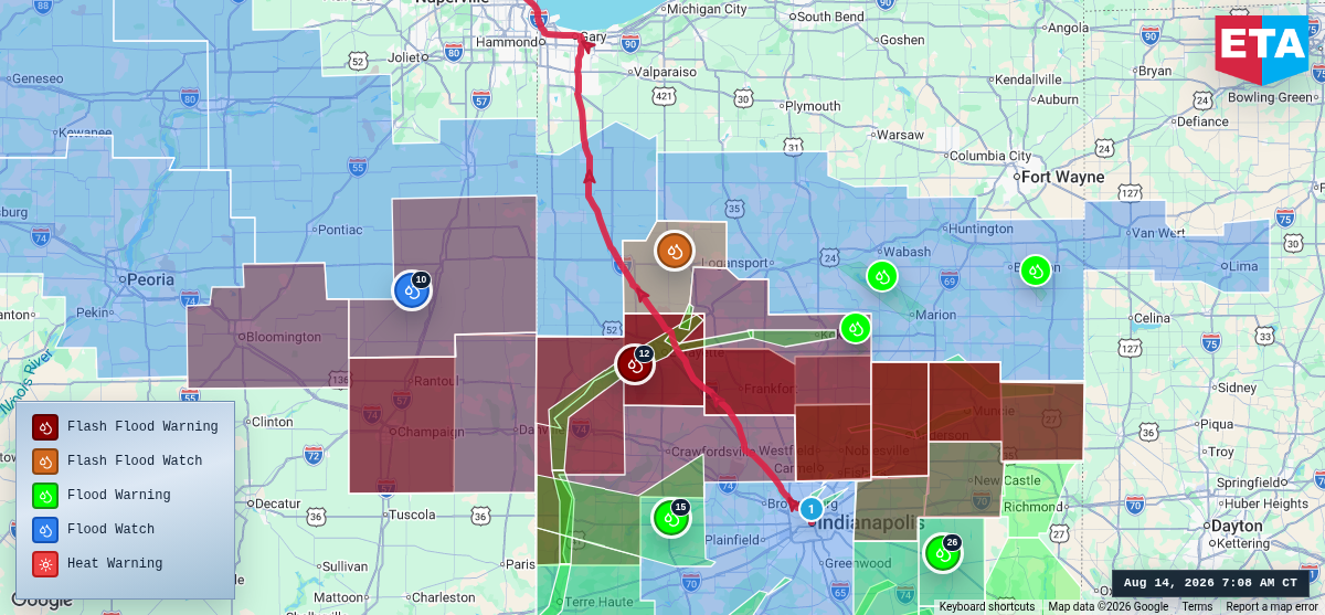 Route map for Indianapolis, IN → Chicago, IL