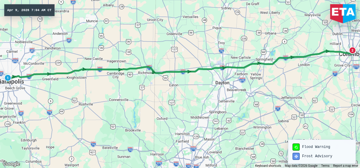 Route map for Indianapolis, IN → Columbus, OH