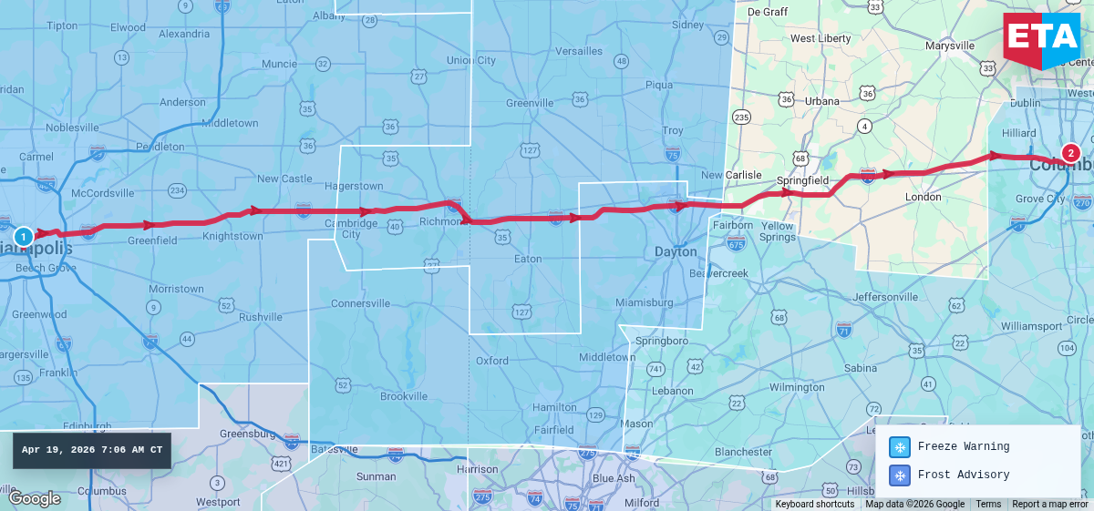 Route map for Indianapolis, IN → Columbus, OH