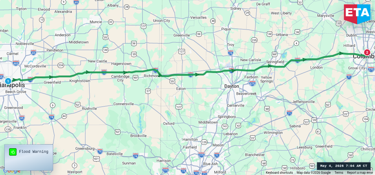 Route map for Indianapolis, IN → Columbus, OH